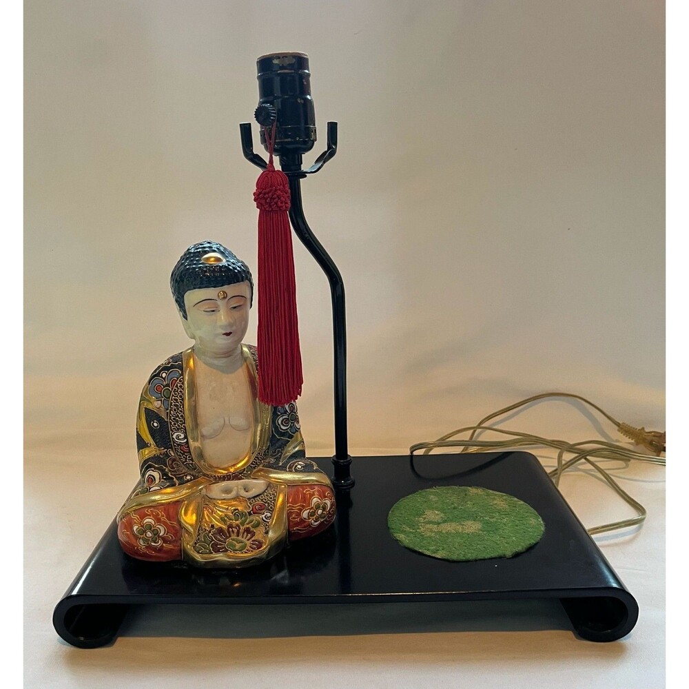 Rare Vintage Toyo Japan Buddha Table Lamp Asian Decor Black Base